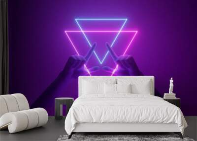 3d render, minimal neon background, mannequin hands, pink blue glowing abstract geometric sign, witch drawing mysterious triangular symbol, halloween occult ritual, ultraviolet light, fashion concept Wall mural