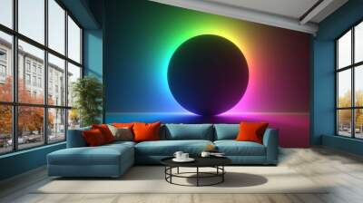 3d render, modern minimal abstract background with colorful neon light behind the round black shape. Wall mural