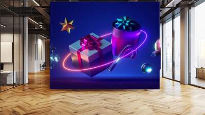 3d render, neon Christmas wallpaper. Wrapped gift boxes inside the glowing ring, isolated on blue background Wall mural