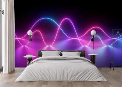 3d render, neon light, laser show, impulse, chart, ultraviolet spectrum, pulse power lines, quantum energy, pink blue violet glowing dynamic line, abstract background, reflection Wall mural