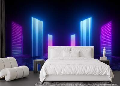 3d render, pink blue neon abstract background, glowing vertical panels in ultraviolet light, futuris Wall mural