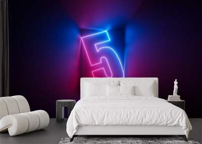 3d render, pink blue neon number five, digital symbol inside square box glowing in ultraviolet light Wall mural