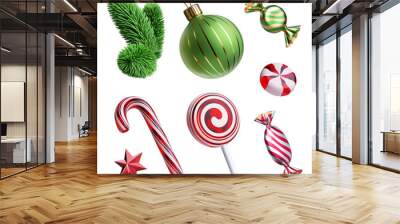 3d render, set of Christmas tree ornaments: glass ball, star, candy cane, caramel sweets, evergreen spruce twig. Decorative elements collection, festive clip art isolated on white background. Wall mural