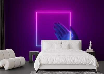 3d render, simple geometrical background, mannequin hand holds pink blue neon square frame. Futuristic technology wallpaper Wall mural