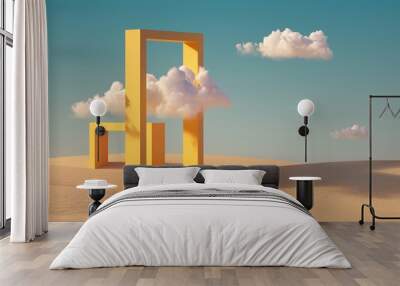 3d render, Surreal desert landscape with white clouds going into the yellow square portals on sunny day. Modern minimal abstract background Wall mural