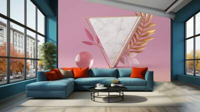 3d render, white marble triangle shape, blank triangular banner mockup, simple geometrical objects isolated on rose pink background, abstract luxury concept, gold ball, glass sphere, paper palm leaves Wall mural