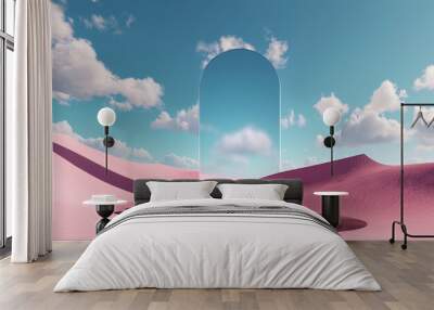 3d render. Abstract fantastic background. Surreal fantasy landscape. Pink desert with lake and geometric mirror under the blue sky with white clouds. Modern minimal wallpaper Wall mural