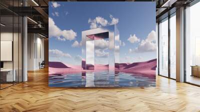 3d render. Abstract fantasy panoramic background. Surreal scenery of pink sand dunes under the blue sky with white clouds, mirror geometric portal above the calm water. Modern minimal wallpaper Wall mural