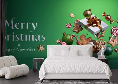 3d render. Christmas card with opened gift box decorated with festive ornaments, glass balls, gingerbread man, candies and cookies, isolated on green background. Winter holiday horizontal banner Wall mural