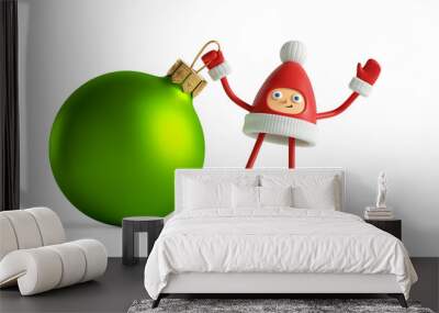 3d render. Funny winter seasonal mascot holds with green glass ball ornament. Red cap with pom pom, face hands and legs. Cute Santa helper. Christmas toy clip art isolated on white background Wall mural