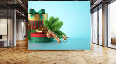 3d render. Winter holiday background. Scene with Christmas ornaments, spruce and gift boxes. Festive horizontal banner Wall mural