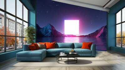 3d rendering, abstract background with landscape and square geometric shape glowing in the dark. Rocks and water under the starry night sky. Fantastic wallpaper Wall mural