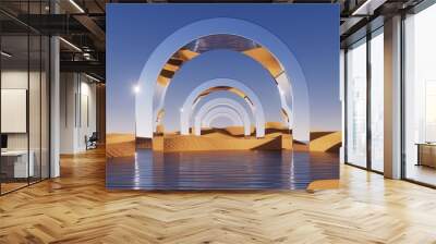 3d rendering. Abstract surreal background. Desert landscape with sand dunes, water and mirror arches, under the clear blue sky. Panoramic wallpaper with chrome metallic arcade Wall mural