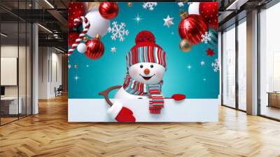 3d snowman, Christmas ornaments, balls, snowflakes, stars, isolated on blue background. Blank banner with copy space, greeting card template, commercial poster mockup. Winter holiday concept Wall mural