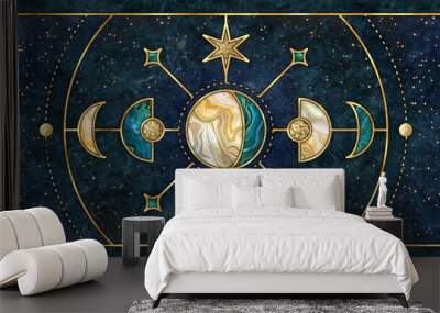 abstract cosmic background with gold metallic foil and marbled textures inlay. Sacred geometry with celestial motif, stars and planets. Moon phases wallpaper Wall mural