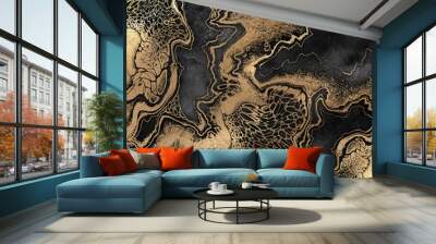 abstract liquid acrylic painting, gold veins on black background, creative watercolor wallpaper, marbling illustration Wall mural