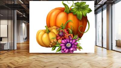 autumn pumpkins and flowers, holiday illustration Wall mural