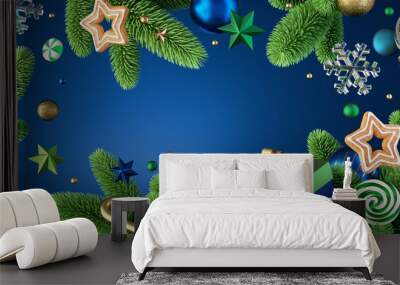 Christmas background with spruce twigs, gift box, festive decorations and ornaments. Blue winter holiday wallpaper. 3d render Wall mural