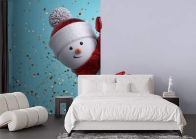 Christmas greeting card mockup. 3d snowman holding blank banner, looking at camera. Winter holiday background with gold confetti. Happy New Year. Funny festive character. Wall mural