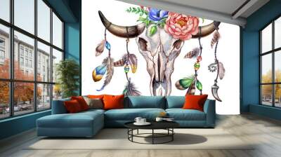 watercolor illustration, rustic cow skull, flowers and feathers, floral clip art, bouquet, boho design, isolated on white background Wall mural