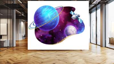 watercolor illustration. Curvy shape cosmic sticker with stars, blue neptune planet with rings and satellite. Space clip art isolated on white background Wall mural