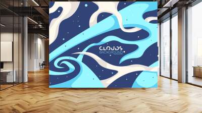 modern clouds space with stars hand drawn background wallpaper japanese anime inspired edition 1 of 20 blue dark blue white Wall mural