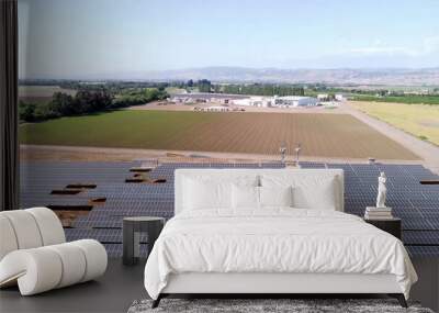 solar panels farm and agriculture fields in aerial view. Wall mural