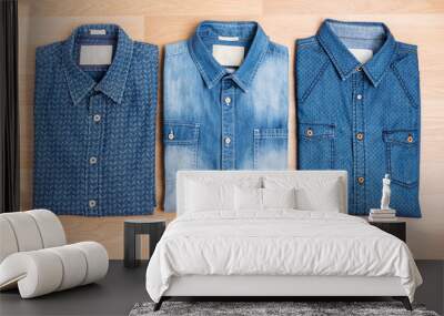 jeans shirt trendy fashion on wooden table top view still life style Wall mural