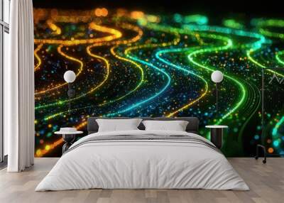 Abstract colorful light waves and glowing particles background Wall mural