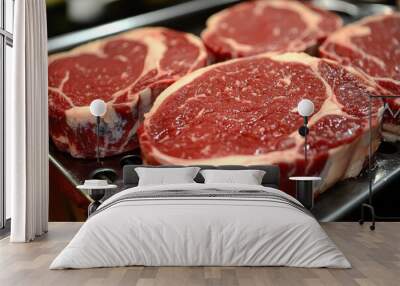 Closeup view of raw red meat steaks on a metal cooking surface Wall mural