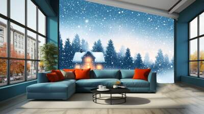 Cozy cabin in snowy winter landscape with falling snow Wall mural