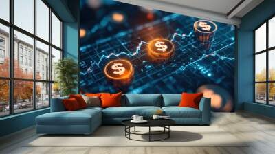 Cryptocurrency blockchain with dollar sign icons and digital data network Wall mural