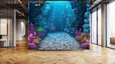 Enchanted underwater garden pathway with coral reef and sea creatures Wall mural