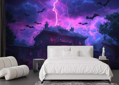 Haunted mansion in eerie, stormy night with lightning and bats Wall mural