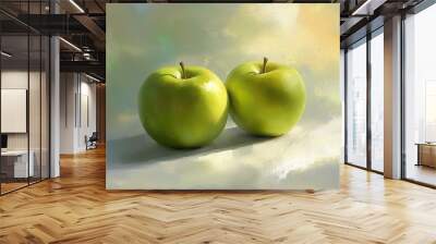 Pair of ripe green apples on blurred nature background Wall mural