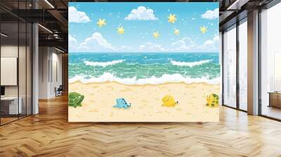 Playful beach scene with cartoon turtle, octopus, crab, and fish under sunny sky with clouds and stars Wall mural