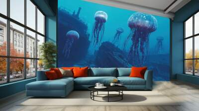 Underwater scene with glowing jellyfish, shipwreck, and marine life in deep blue ocean Wall mural