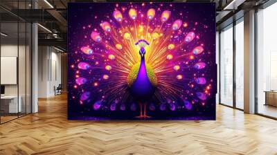 Vibrant peacock silhouette with glowing feather display against night sky Wall mural