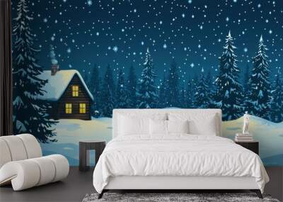 Winter landscape with cozy cabin and starry night sky Wall mural