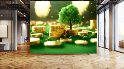 3d business concept tree battery illustration gold growth coins ecology background green wealthy investment financial development success profit increase savings Wall mural