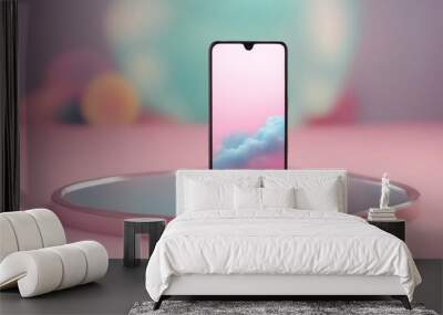 3d pastel colors rendering smartphone background touch three dimensional advertise blank blue mobile phone communication computer concept desktop device digital display Wall mural