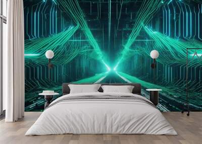 a green graphic wallpaper futuristic network blue connection form science lines wave Wall mural