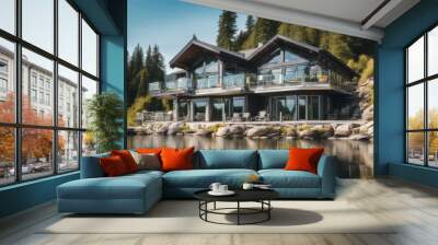 a lake small canada columbia glass house luxury summer windows featuring decks realestate central railings set large beautiful british sky sun lakefront modern property home holiday view beach Wall mural