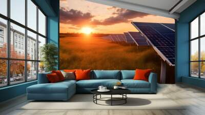 background fiery sunset germany dramatic power plant sky solar energy photovoltaic panel renewable technology electricity alternative Wall mural