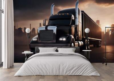 black classic truck smoke semi background illustration dark city d heavy sunset light drive industrial industry three-dimensional american Wall mural