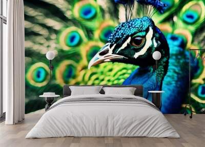 blue A plumage peacock green closeup Pattern Nature Animal Bird Indian Colorful Beautiful Wildlife Fauna Ornithology Feathers Exotic Peafowl Crest Horizontal Pavo Common Br Wall mural