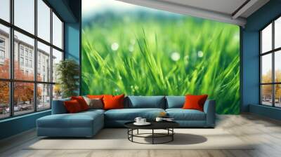 blue clear sky spring nature green panorama meadow background landscape grass e Wall mural