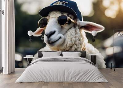 cap baseball hop hip superstar dark golden sunglasses rap funny chain sheep posing animal character  Wall mural