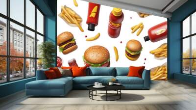 cartoon icon meal 3d emoji french fries food burger combo design background Wall mural