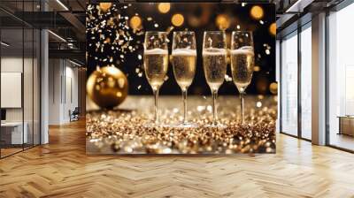 champagne exploding bottle concept year party New confetti christmas champaign background happy goggles toast wine clock banner year's eve splash 2 cork stopper flut Wall mural